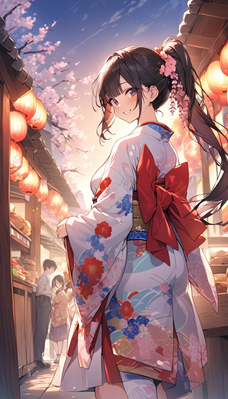 One Woman、beautiful girl、evening、kimono、Beautiful patterned kimono、ponytail、Waraji、School、Back of the school building、spring、cherry blossoms々、はためくcherry blossomsの花びら、Long Hair、Highest quality、Ultra HD、Black Hair、smile、8 heads、White tabi socks、Japanese Umbrella、smile、Cowboy Shot、festival、Many food stalls、Beautiful views、Turn your body forward.