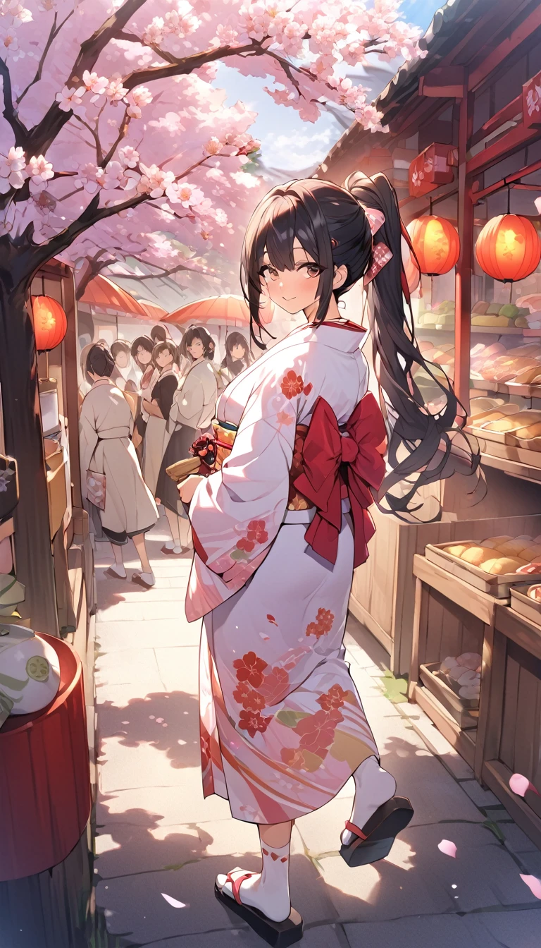 One Woman、beautiful girl、evening、kimono、Beautiful patterned kimono、ponytail、Waraji、School、Back of the school building、spring、cherry blossoms々、はためくcherry blossomsの花びら、Long Hair、Highest quality、Ultra HD、Black Hair、smile、8 heads、White tabi socks、Japanese Umbrella、smile、Cowboy Shot、festival、Many food stalls、Beautiful views、Turn your body forward.