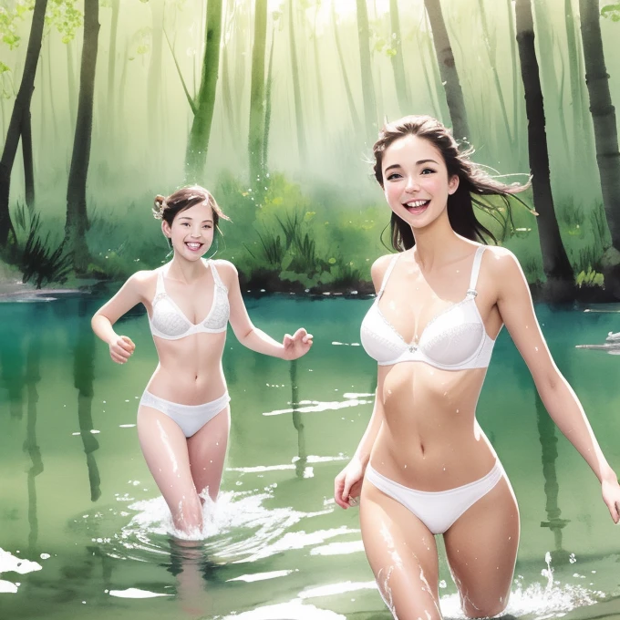 work of art, best qualityer, 2 girls, students, , Scrawny, Flat Breast, white bra, White-panties, bathe in a forest lake, run in the water, ssmile, Laught, fun, summer, warm up, smooth light, Ablaze, water colour
