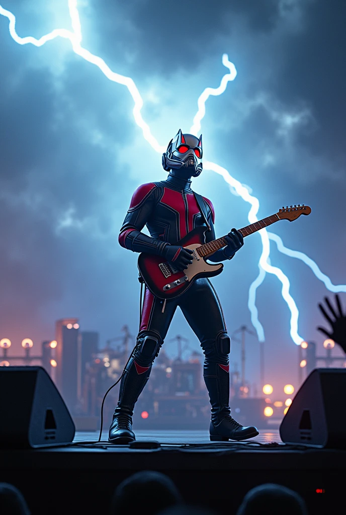 Rock Antman marvel holding the mic singing with a background of thunder and a very rock vibes.