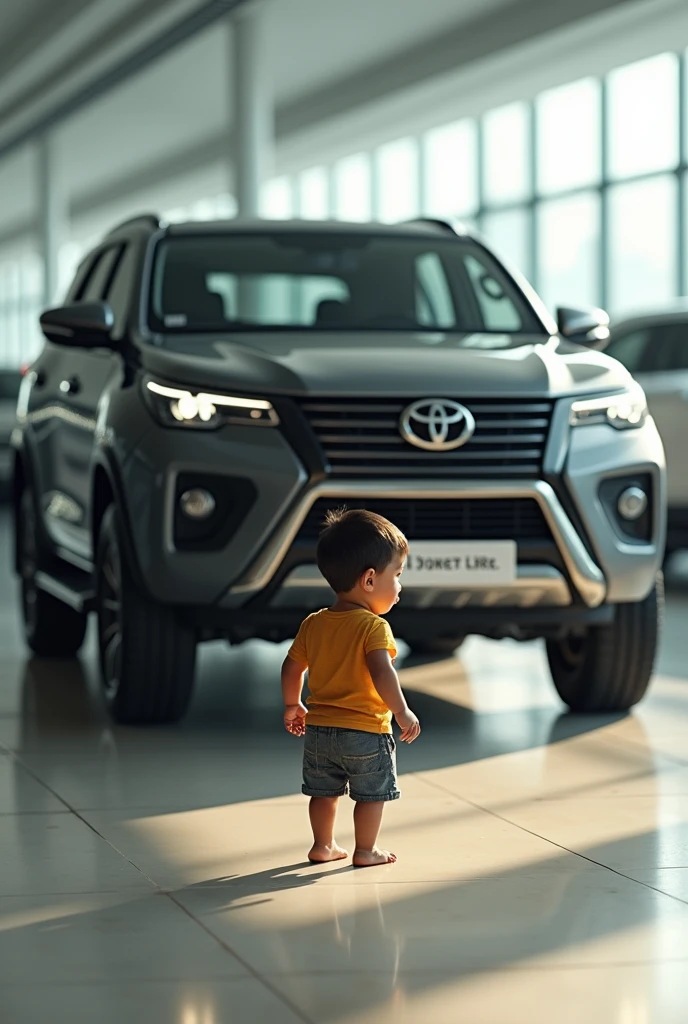 barefoot boy seeing a toyota fortuner in a car shop