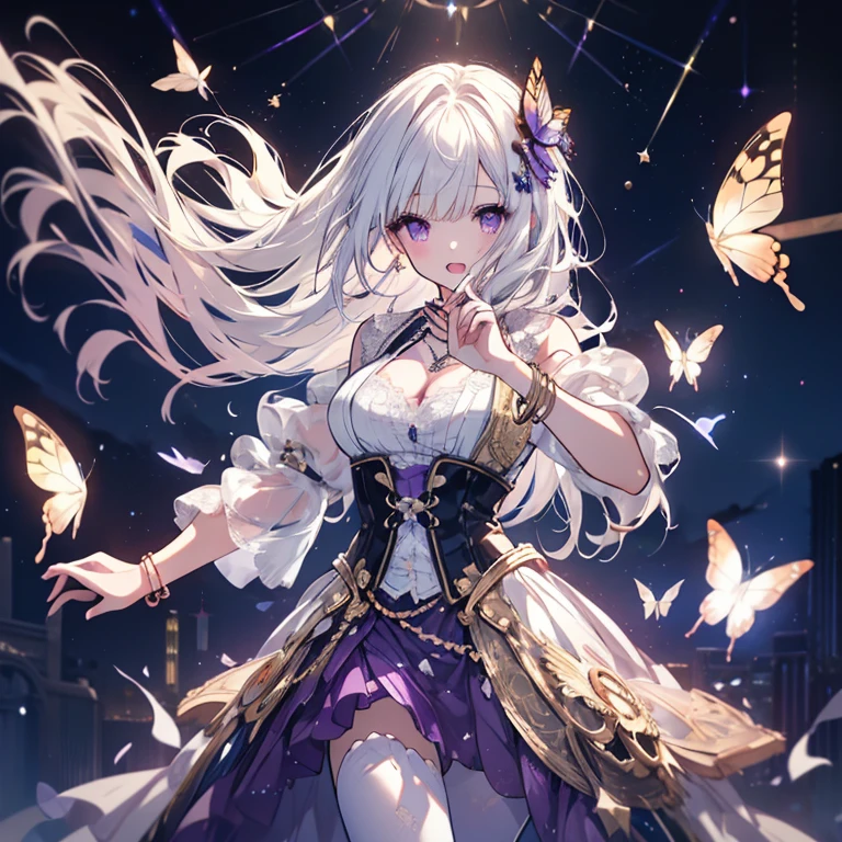 1 person、Mature、Ample breasts、Long Hair、Straight hair、Trimmed bangs、White Hair、White skin、Purple Eyes、Ballerina Costume、dance、sing、Open Mouth、Diva、Lace fabric、necklace、bracelet、Steampunk stage、Live Stage、Starry Sky、青いSpotlight、Spotlight、Butterflies fluttering、High resolution、Highest quality