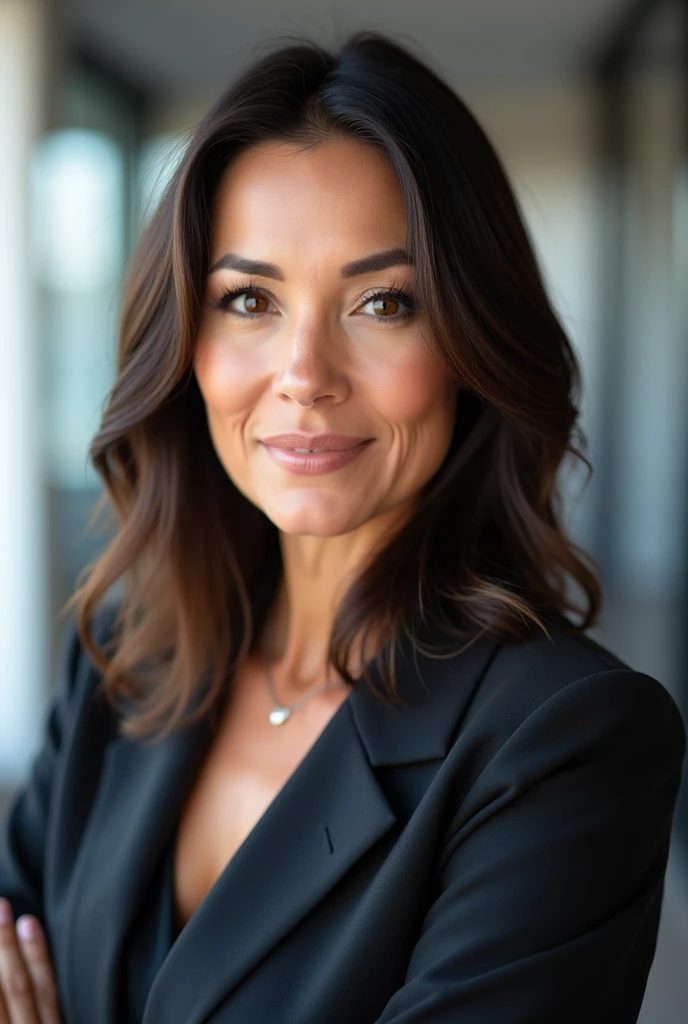 Realistic photo of brunette mother successful entrepreneur in digital marketing