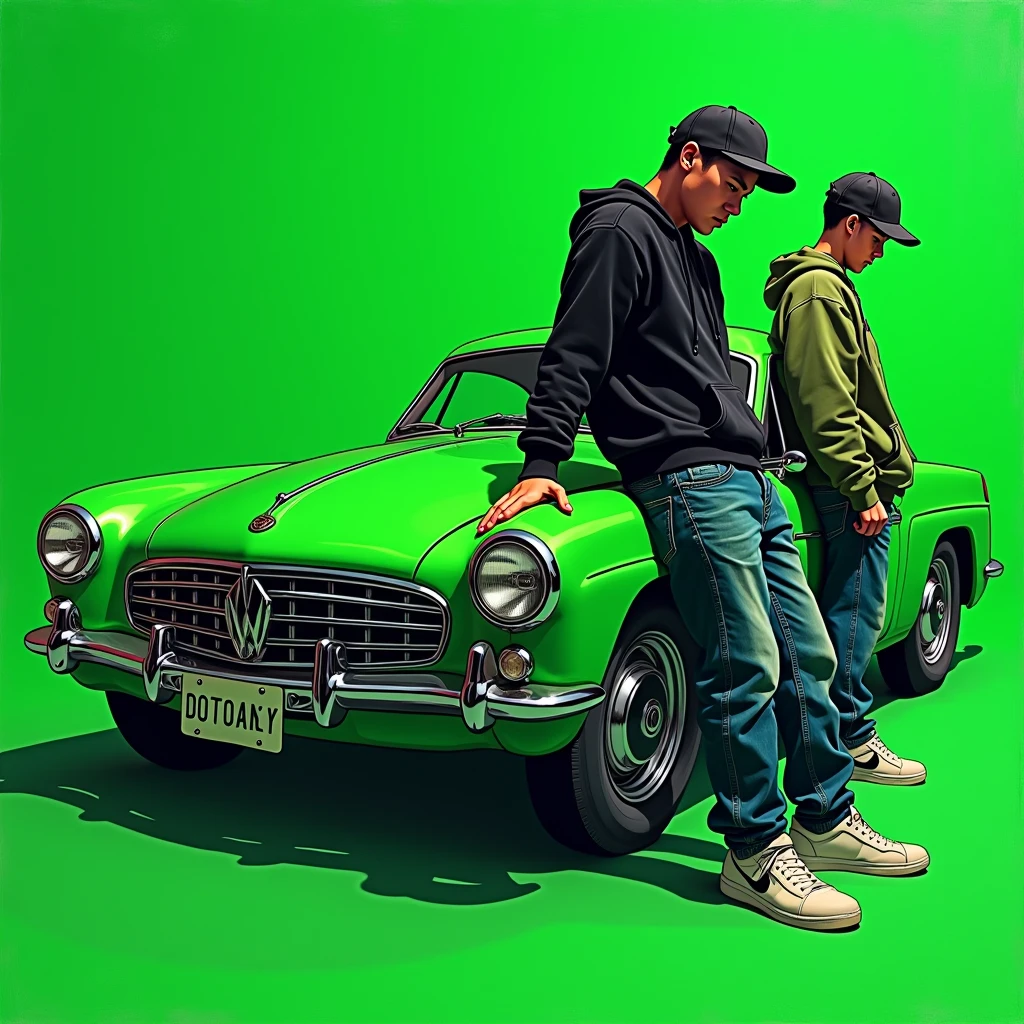 G-FUNK Hip Hop Album Cover, Green Background, Green Car, With If WONA behemes a gangster on the back of the painting, with a black hoodie and a black ball cap pressed deep and an Asian age troublemaker wearing wide jeans down. Let me sit on the bonnet