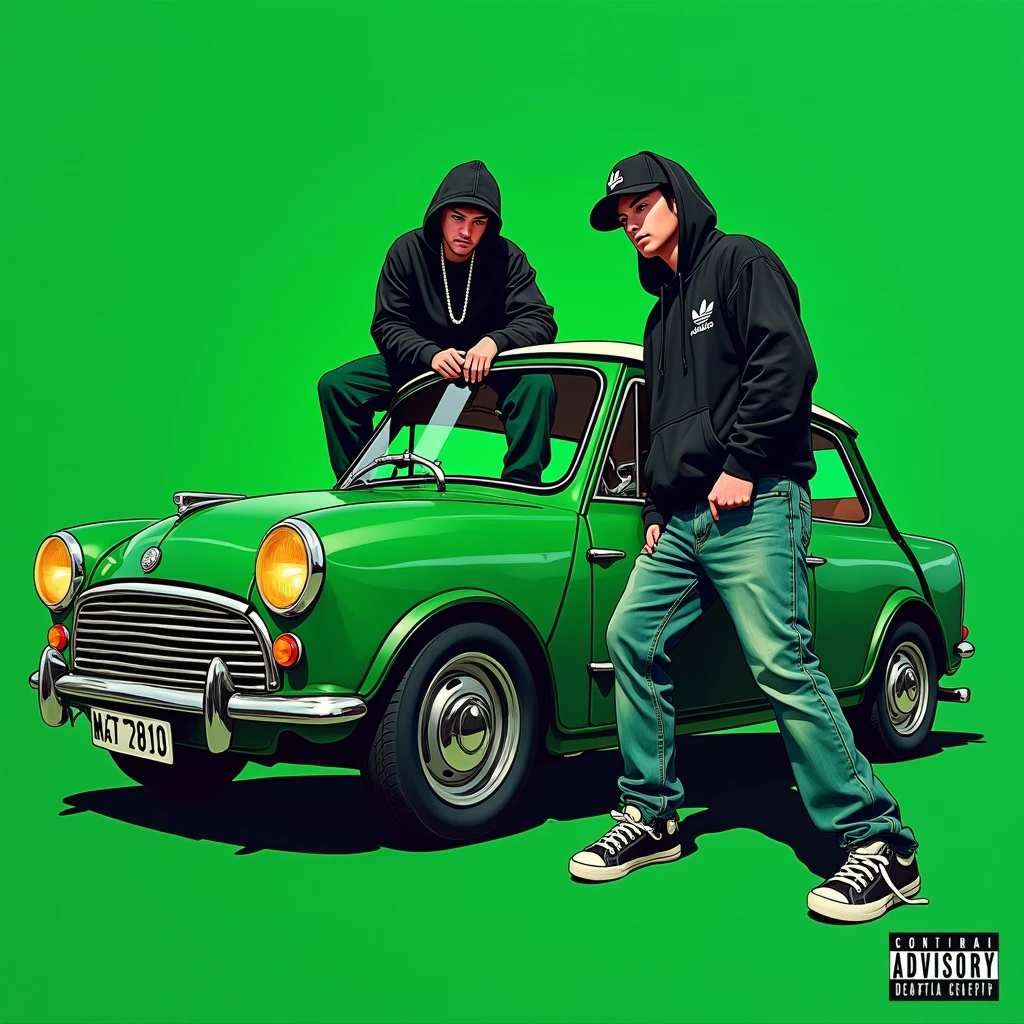 G-FUNK Hip Hop Album Cover, Green Background, Green Car, With If WONA behemes a gangster on the back of the painting, with a black hoodie and a black ball cap pressed deep and an Asian teenage troublemaker wearing wide jeans down. Let me sit on the bonnet