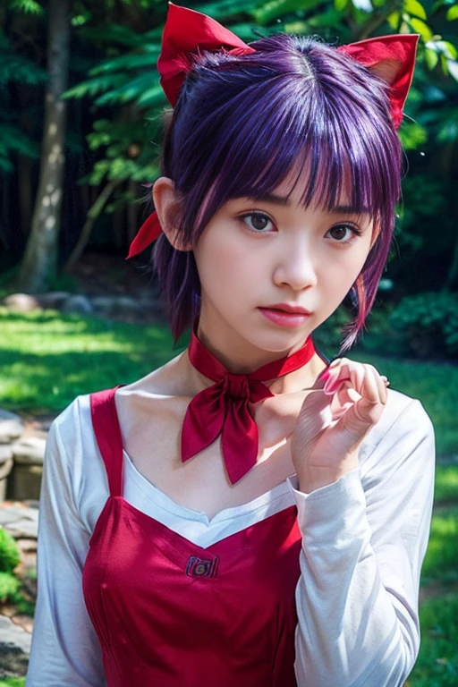  (photo-realistic,realistic:1.4), (best quality, masterpiece:1.2), RAW photo, high resolution, intricate details, extremely detailed, sharp focus, cinematic lighting, portrait,
solo, 1girl, a yo Japanese girl, (cat paw pose), detailed face, detailed eyes, sophisticated nose, pale skin, 
(purple hair:1.5), short hair, bangs, slanted eyes, light brown eyes, collarbone, (cotton clothes, long sleeve, white T-shirt, red dress, cami dress, red choker, red bow brooch tie, red hair ribbon barrette:1.4), red pumps, photo background, outdoors,
