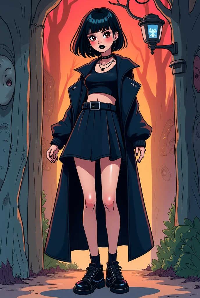 make a cartoon illustration scooby doo style, of a woman with short black hair, short bangs, usa cropped preto, apple watch preto, half drag, short preto, wears black sneakers, and wears a black coat, wear black lipstick and black eyeliner