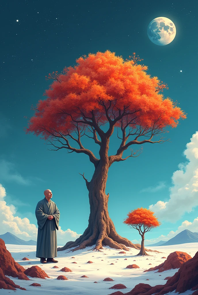 There is a 500-meter sweet-scented osmanthus tree on the moon. Next to it is a man wearing gray monk clothes with a very surprised expression. He wants a small tree and a big cartoon version.

