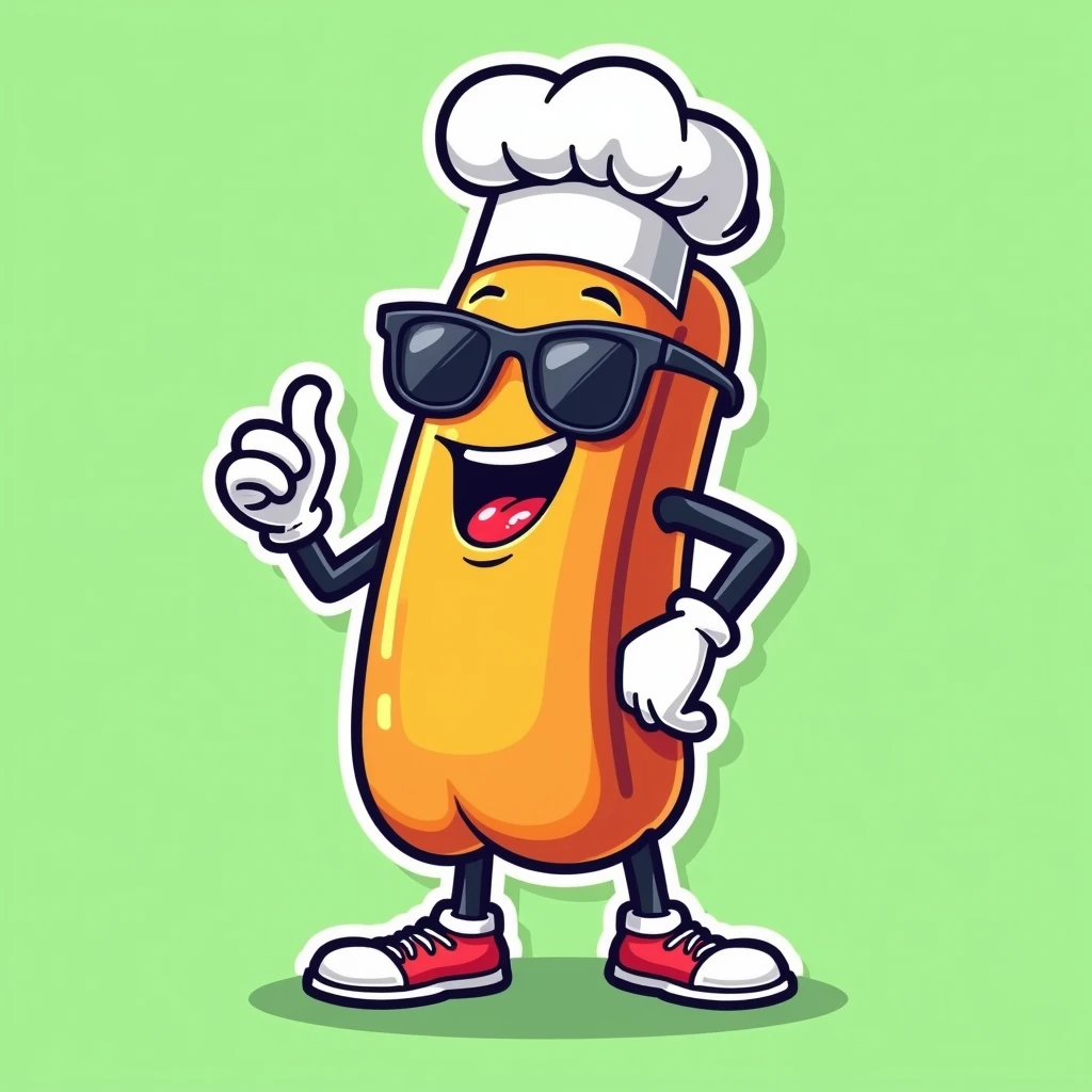 (best quality,4k,8k,highres,masterpiece:1.2),ultra-detailed,(realistic,vector,logo), hotdog character,vector flat illustration,cartoon style,sunglasses,chef white hat,white gloves hands,sticker,green background,dynamic,vibrant colors,clean design,minimalist,playful,whimsical,fun,energetic,humorous,appealing,attractive,iconic,brand mascot,brand identity,brand : flat sticker vector 2d : logo, Logo. Creative Design