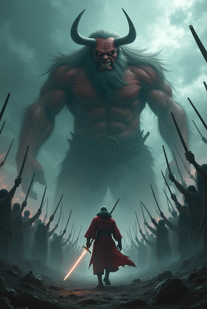 Create a scenario where an Oni summons thousands of giant arms holding katanas