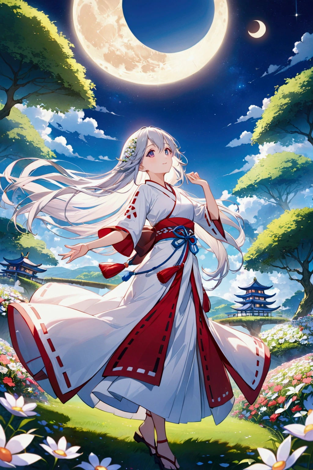 Magnificent View、Multiple floating islands、Hanging Garden、Outdoor、View from afar、Ground Viewpoint、anime、High definition、Miko costume、Dancing happily among the flowers、Silver Hair(Long Hair、The top of the head is indigo blue、Red bristles)、Opal Eyes、Under the beautiful moon