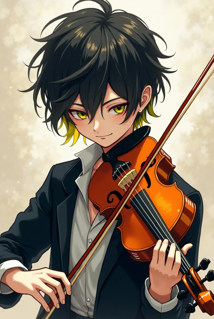 An androgynous boy. short black hair down to the neck, with yellow highlights, playing the violin. The boy&#39;s style is OUJI clothes and make it more scribbled.