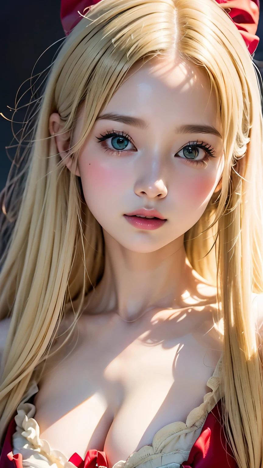 1 person,Beautifully detailed face:1.3、Face close-up:1.6、The whole face fits in the frame:1.6、((She wears a big red bow in her hair like a French doll......:1.6))、 (((Small breasts:1.7)))、(A sheer camisole with a loose fit around the chest:1.7), ((I&#39;looking forward to it:1.6))、Pink Eyeshadow:1.6、((Looking into the camera:1.3))、Very beautiful Japanese idol portraits, 
(RAW Photos, Highest quality), (Realistic, Realistic:1.4), (masterpiece), 
Very delicate and beautiful, Very detailed, 2k wallpaper, wonderful, finely, Very detailed CG Unity 8K 壁紙, Very detailed, High resolution, Soft Light, 
Beautiful detailed, Very detailed目と顔, Beautiful and sophisticated nose, Big beautiful eyes, Cinema Lighting, 
(Simple and solid background:1.3),
(Blonde medium hair:1.5), (Parted bangs), 
Complete Anatomy, Slender body,とてもSmall breasts, Sensual look