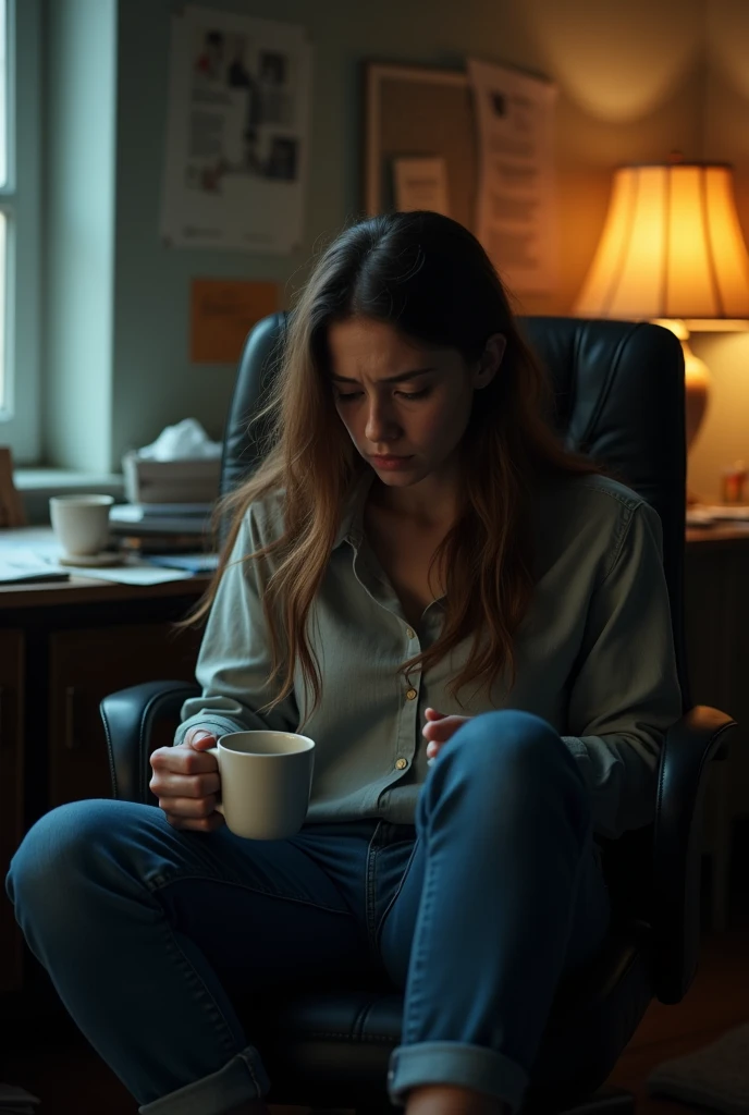 woman, with an expressive face, looking like she is insomniac, person with poor posture, all turned around in the chair in front of the computer, drinking too much coffee, messy office, poorly lit environment, only light from a table lamp
