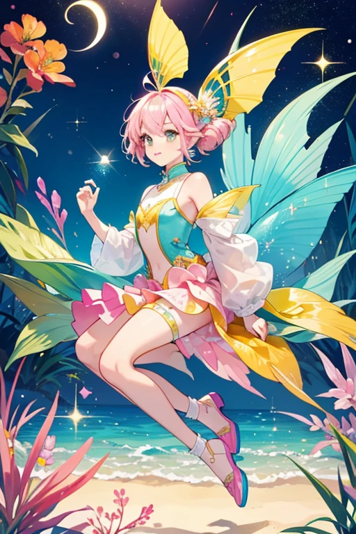 Radia is a light pink fish with pink, yellow, and blue hair and orange fins.
She wears a rainbow outfit with a scaly designed skirt.
She comes with a yellow headpiece and a blue fin that covers her legs. SPARKLE; GLITTER