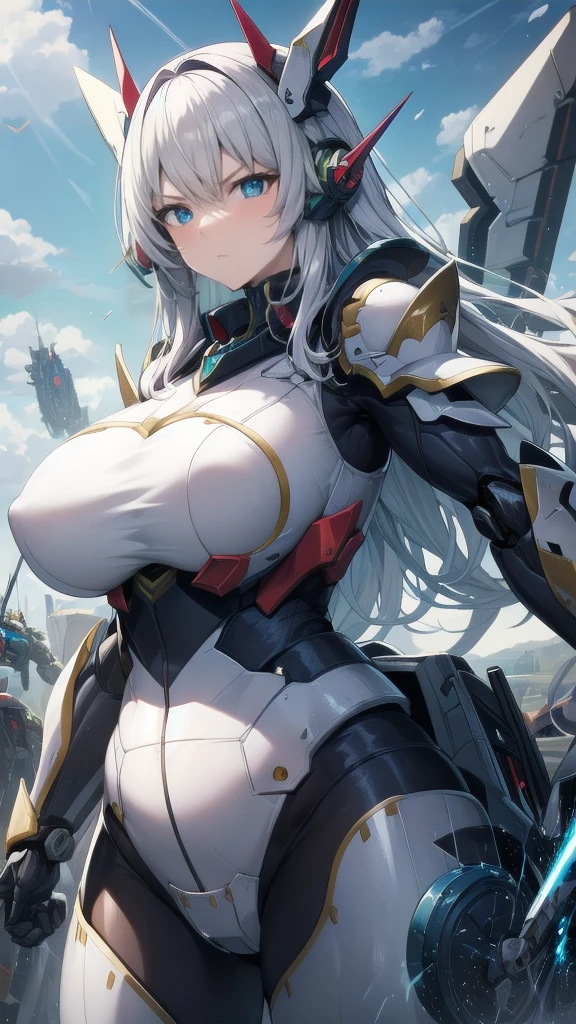 ((masterpiece)), Anime, 1 mature woman, solo, milf, mecha musume, lynen colored hair, Long massive hair, navy-blue eyes, large breasts, firm plump body, mecha armor, mechanical gear, mechanical wings, detailed, cyberweapon, Serious, expressive eyes, sparking shocking), ((masterpiece)), absurdres, HDR
