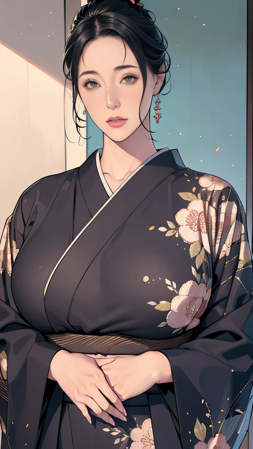 1，Japanese hairstyle，Photorealism，detailed，masterpiece，mature，((full))， (Broad shoulders), ((Huge))，Plus size mature women，expensive，30 years old，Pretty face, (Plump woman)，Beautiful long-sleeved kimono，kimono，Hold your chest with both hands:1，high quality，Are standing，High Resolution 4K Information,Kyoto,countries
