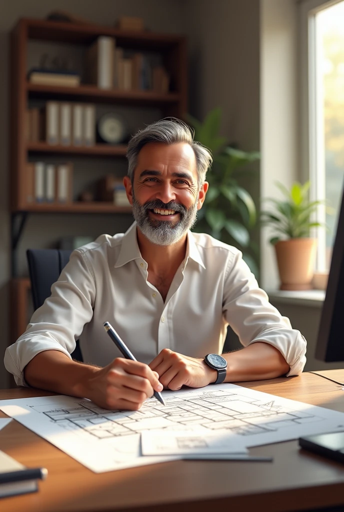 Juan in his office smiling and looking at a plan of his future house