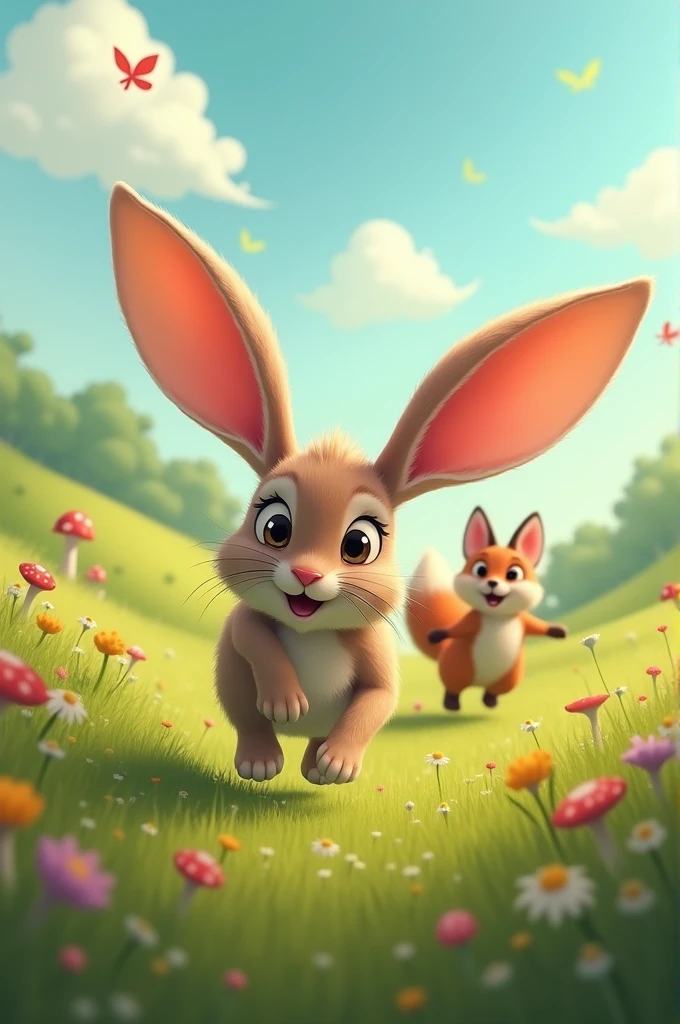 A rabbit with big, floppy ears being chased by a big, scared fox. 