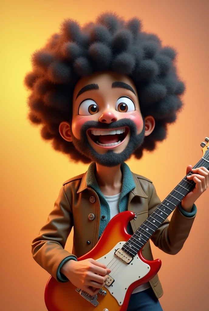 Cartoon character of a happy, beardless 50 year old Japanese man with afro hair and an electric guitar, Anime characters, Stylized characters, Animation-style rendering, 3D stylized, Arnold Maya Rendering, 3D rendering style, toon render keyshot, 3D Characters, 3D Characters, 3D rendering style, 3D Charactersレンダリング, Cartoon characters, Close-up Character, Character pose, (Pixar Style) (Master Parts:1.2) (Bokeh) (Highest quality) (Fine skin) (Fine texture) (8k) (clay) (Cinema Lighting) (Sharp focus)