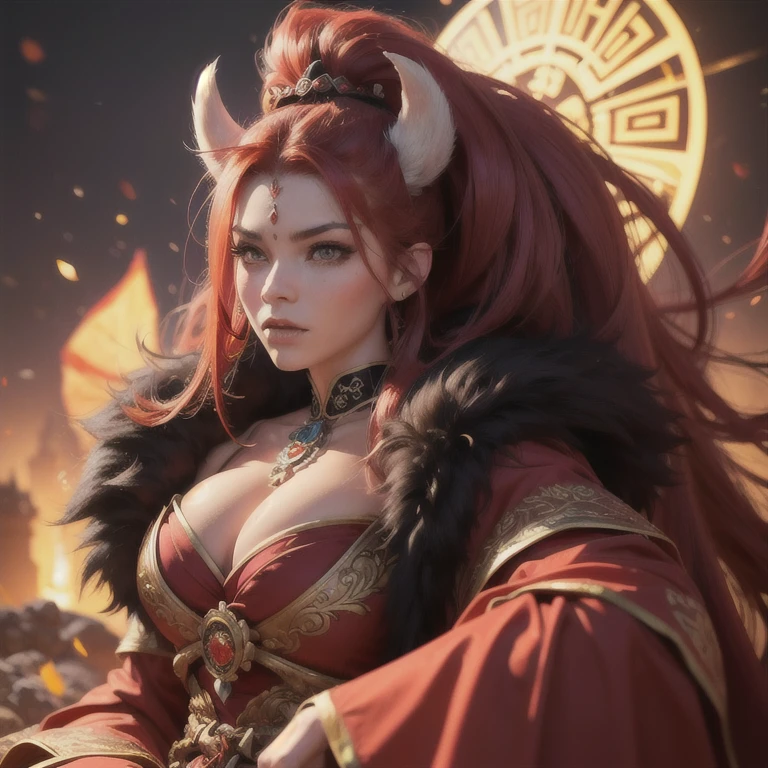 a haughty, imposing female demon monkey with red fur, yellow eyes, large bust, monkey tail and ears, wearing traditional monkey king clothes, sitting on a large rock on Mount Huaguo, gazing at viewer, (best quality,4k,8k,highres,masterpiece:1.2),ultra-detailed,(realistic,photorealistic,photo-realistic:1.37),HDR,UHD,studio lighting,ultra-fine painting,sharp focus,physically-based rendering,extreme detail description,professional,vivid colors,bokeh,fantasy,concept art