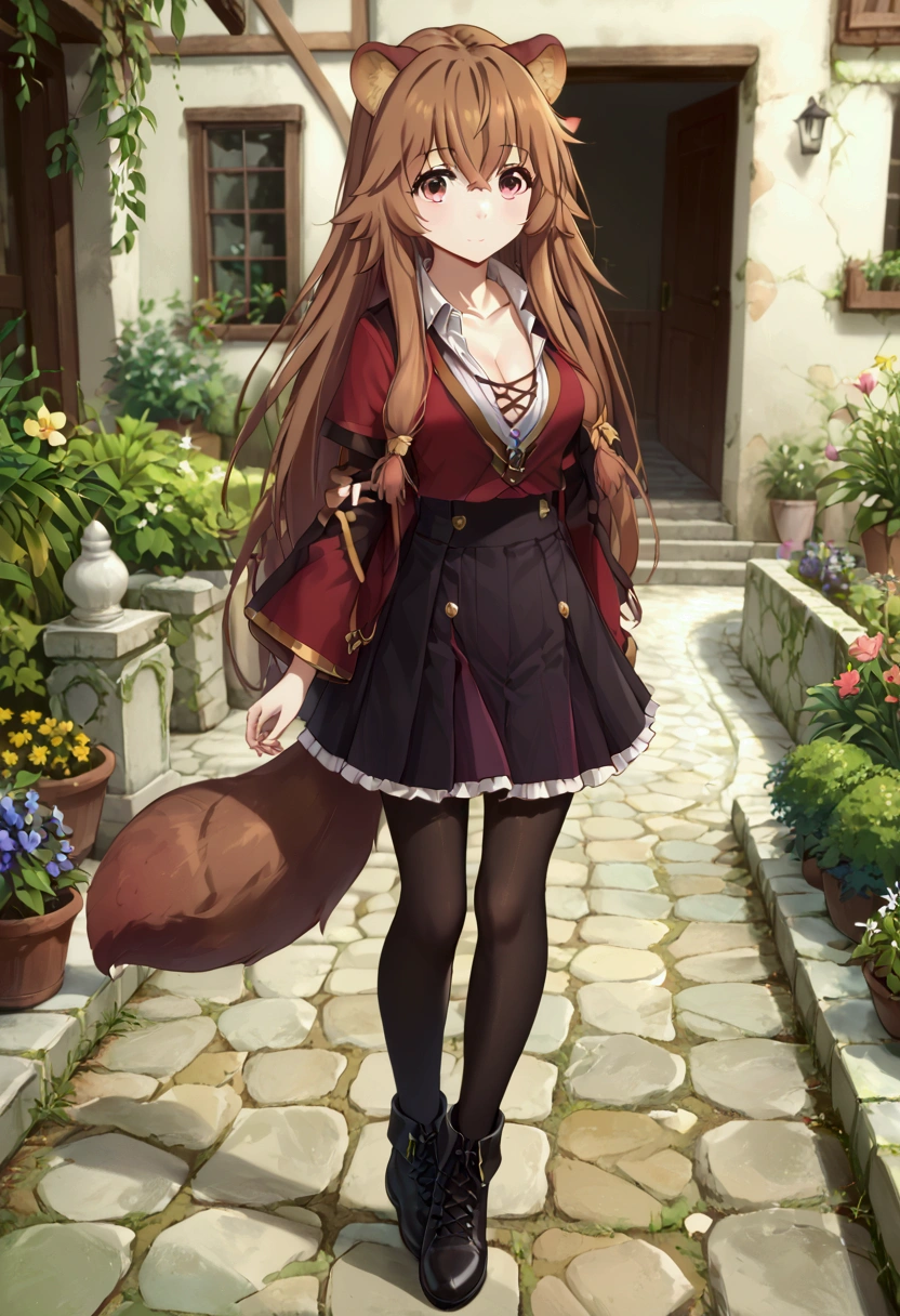 score_9,score_8, (((perfect face))), (medium breasts), focus breasts, full body view, {looking at viewer},(brown hair), (bangs), (long hair), (animal ears), (raccoon ears), (raccoon girl), (raccoon tail), 1girl, raphtalia, (pink eyes), (detailed eyes), (perfect Eyes), garden, cleavage, outdoors, hair ribbon, white ribbon, black bowtie, white collared shirt, long sleeves,red jacket, open jacket, wide sleeves, high-waist skirt, frilled skirt, black skirt, pleated skirt, floral print, black pantyhose, cross-laced footwear, black footwear, rudder footwear,