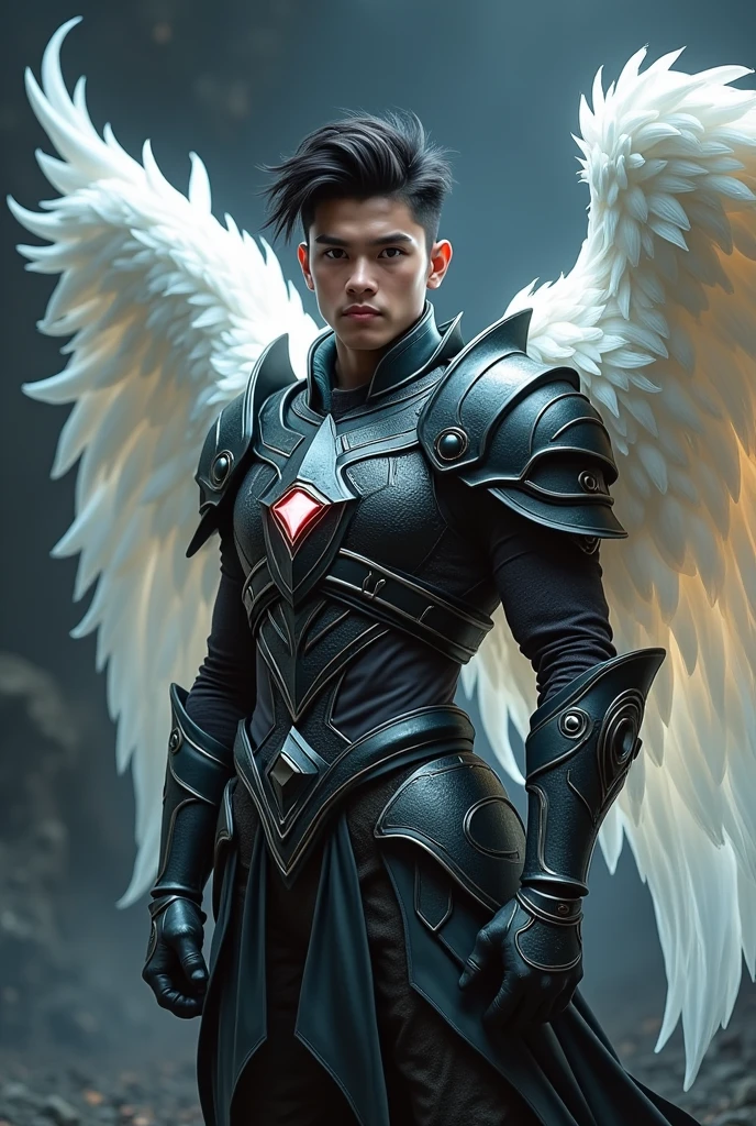 masterpiece, best quality, realistic, ultra detailed, sfw, dungeons and dragons, character design, a young male aasimar, he looks filipino, stylish dark hair, white angel wings, organic #monster hunter# style heavy armor, dramatic heroic pose,