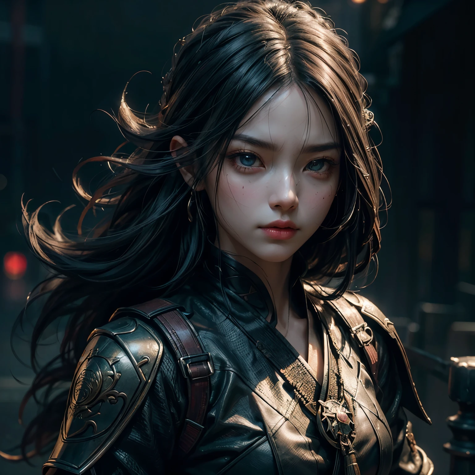 1girl, highly detailed, 8k, extremely detailed, ultra-detailed, close-up shot of a japanese warrior, one green eye, ninja style clothes, black hair, fierce look, (best quality,4k,8k,highres,masterpiece:1.2),ultra-detailed,(realistic,photorealistic,photo-realistic:1.37),digital art,hyper detailed,intricate details,cinematic lighting,dramatic lighting,dark moody atmosphere,vibrant colors,dynamic composition