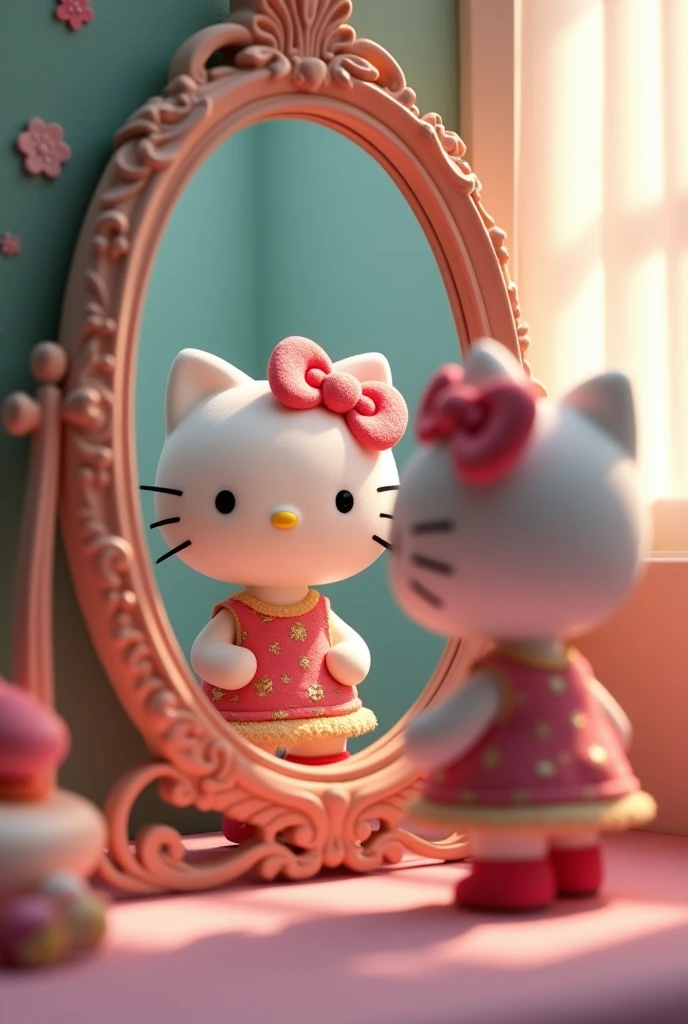 hello kitty looking in the mirror with clothes on