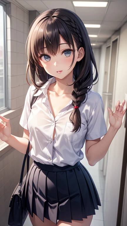 One person, Natural light, masterpiece, Very detailed, figure, Game CG, Absurd, high quality, Ai-chan, Medium chest, Beautiful attention to detail, Braided hair, bangs, Glossy Lips, Lips parted, clavicle, School, corridor, button-up School shirt, Pleated mini skirt