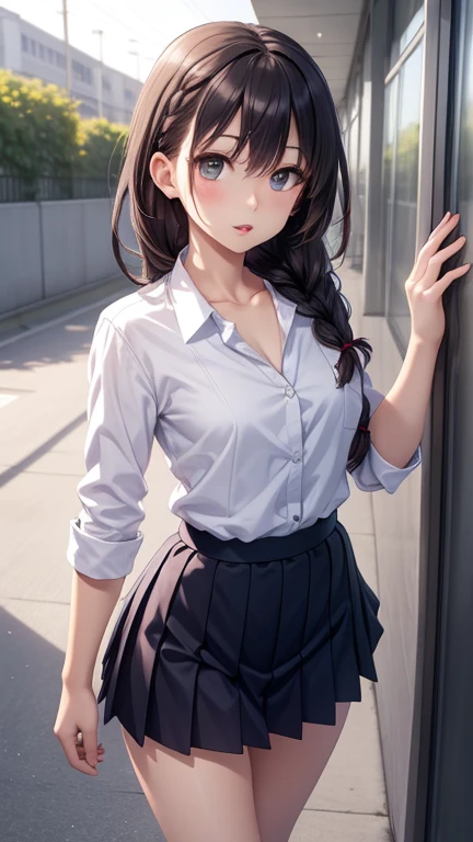 One person, Natural light, masterpiece, Very detailed, figure, Game CG, Absurd, high quality, Ai-chan, Medium chest, Beautiful attention to detail, Braided hair, bangs, Glossy Lips, Lips parted, clavicle, School, corridor, button-up School shirt, Pleated mini skirt