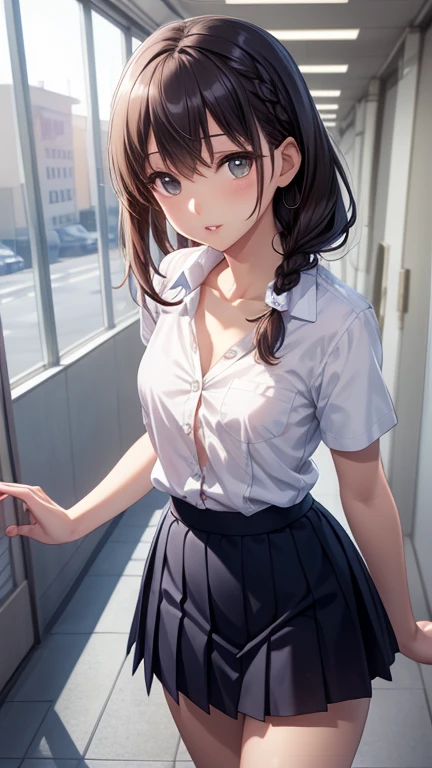 One person, Natural light, masterpiece, Very detailed, figure, Game CG, Absurd, high quality, Ai-chan, Medium chest, Beautiful attention to detail, Braided hair, bangs, Glossy Lips, Lips parted, clavicle, School, corridor, button-up School shirt, Pleated mini skirt