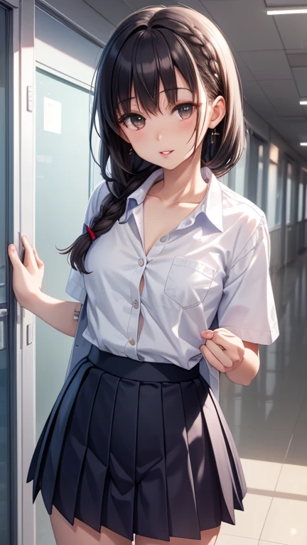 One person, Natural light, masterpiece, Very detailed, figure, Game CG, Absurd, high quality, Ai-chan, Medium chest, Beautiful attention to detail, Braided hair, bangs, Glossy Lips, Lips parted, clavicle, School, corridor, button-up School shirt, Pleated mini skirt