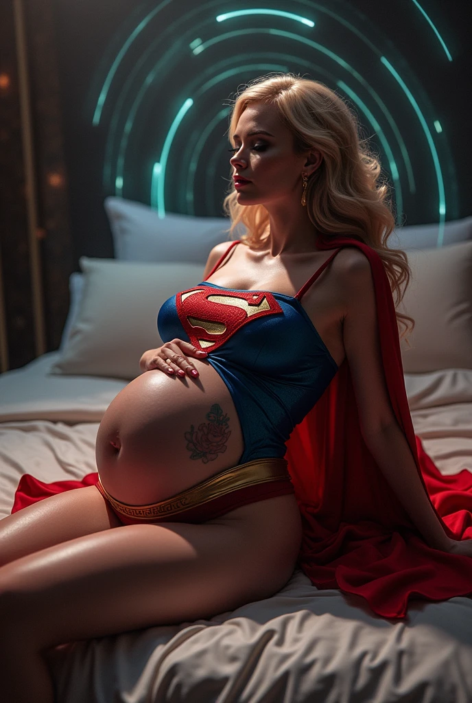 A PREGNANT SEXY SUPERGIRL LAYING ON HER BED HYNOPTIZED, HOLDING HER BELLY. LARGE HYPNOTIC RAYS BEHIND HER.