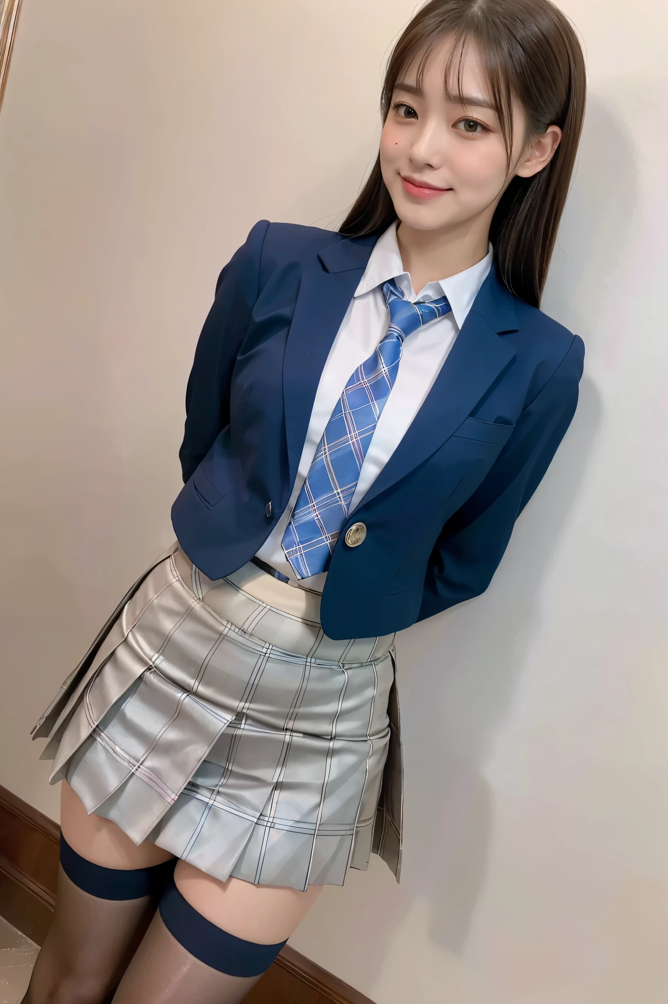 (8K), (highest quality: 1.2), (Realistic), (Realistic: 1.37), Ultra-high resolution, 3 girl, cute, (Embarrassed smile:1.2), (Blushing:1.4),Mouth closed, Beautiful details, Beautiful Nose, (white gold color straight Hair), giant dulcefo, pork, Thighs,Navel exposed,University Student Uniform,A simple blazer,Pleated skirt,(The skirt and tie are tartan check pattern.:1.3), (standing on a kingdom:1.2),(Shiny Thighs:1.4), (medium shot :1.2),(from behind:1.3), (dark blue high socks:1.2),(スカートの中に黒いホットパンツを履いている:1.5), (super low angle:1.5)