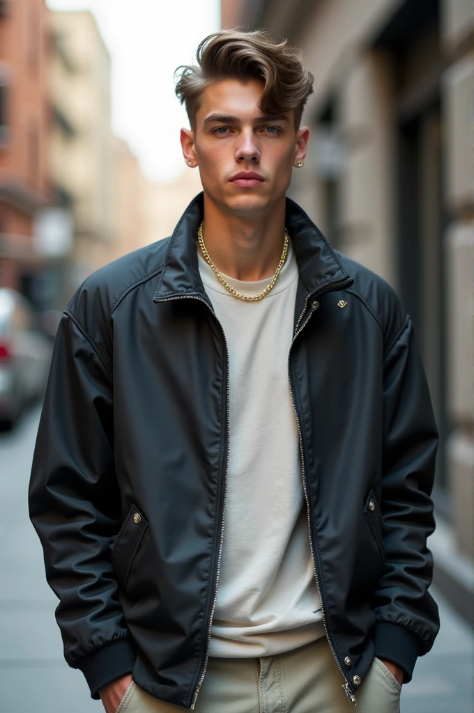 Jeune homme classe de 1m75 habillé en streetwear. He is white-skinned but not too white.. He just came out of the hairdresser