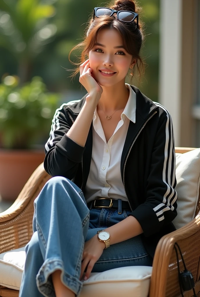 Beautiful caucasian woman, 5'7" tall, top bun medium brown hair, deep green eyes, wearing black zipped up adidas tracksuit jacket, rolled up sleeves, white formal button down blouse, belted wide leg denim pants, happy smile, sitting on a chair outside, high hill sandals, summer sunny day, bag, crossing legs, hand under chin, sun glasses over head, watch and bracelet
