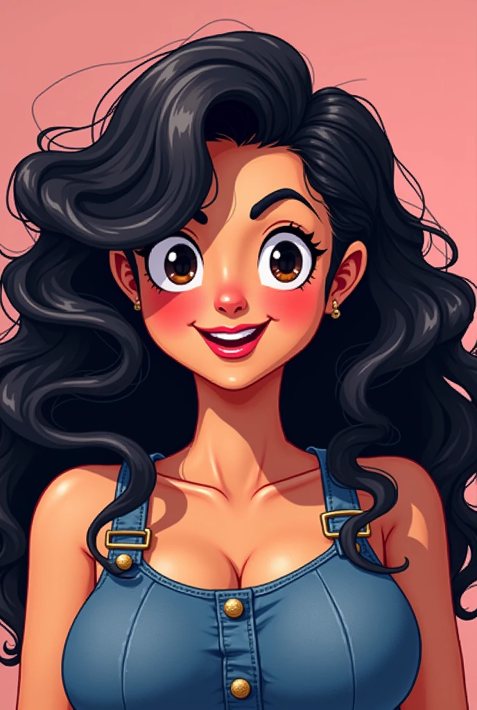brunette woman, black person hair curly kinky layered long defined white streak, chubby, denim clothing, Brown eyes, reddened mouth, dark eyes, big and wide face, Disney pixel animation style wide nose