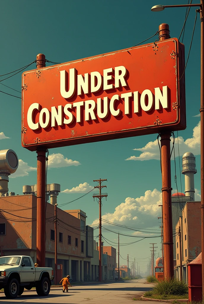 (vintage under construction sign) NASA style, retro aesthetics, industrial design elements, strong bold typography, tactile textures, warm muted colors, evocative of 1950s and 1960s, atmospheric lighting, designed for a nostalgic feel, high detail, classic illustration vibe, shining metal surfaces, combination of playfulness and professionalism, visually engaging background suggesting progress and innovation, ultra-detailed composition.