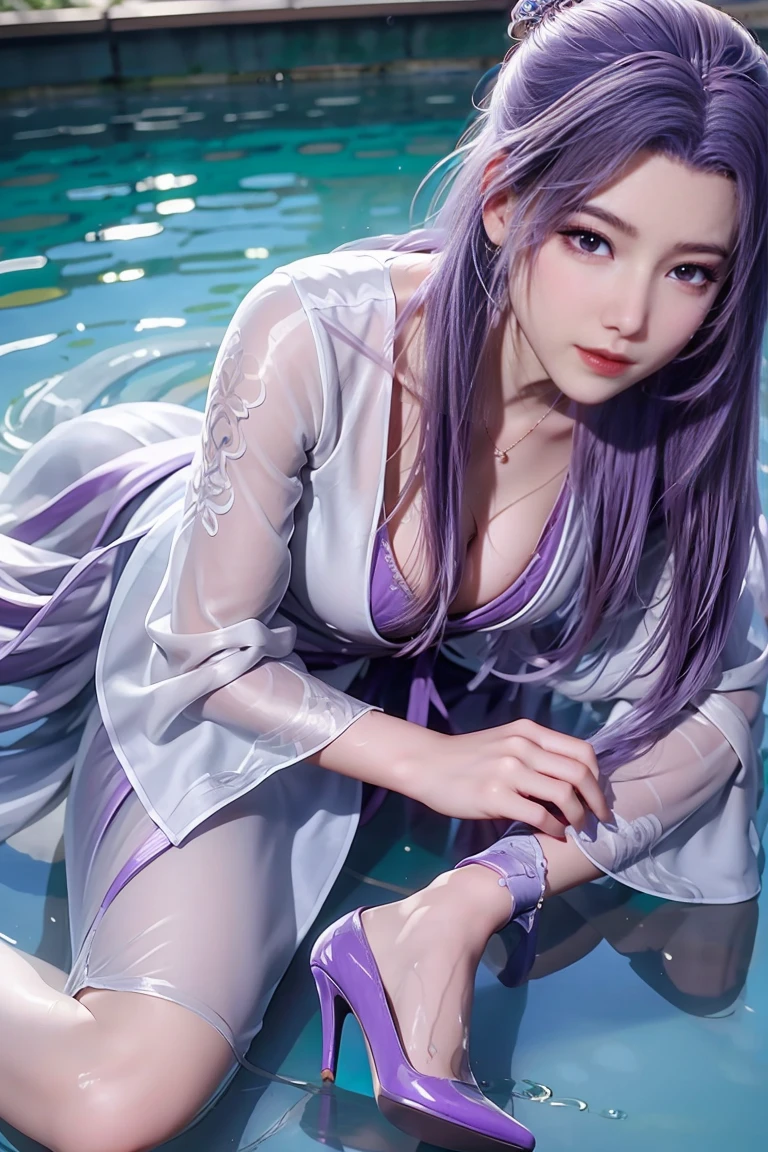 Chinese purple cheongsam，Long legs，In the bedroom，full-body shot，Wear purple high heels，Lying in the water，Wet hair，Clothes are wet，Transparent bikini，Large cups，Show your belly button