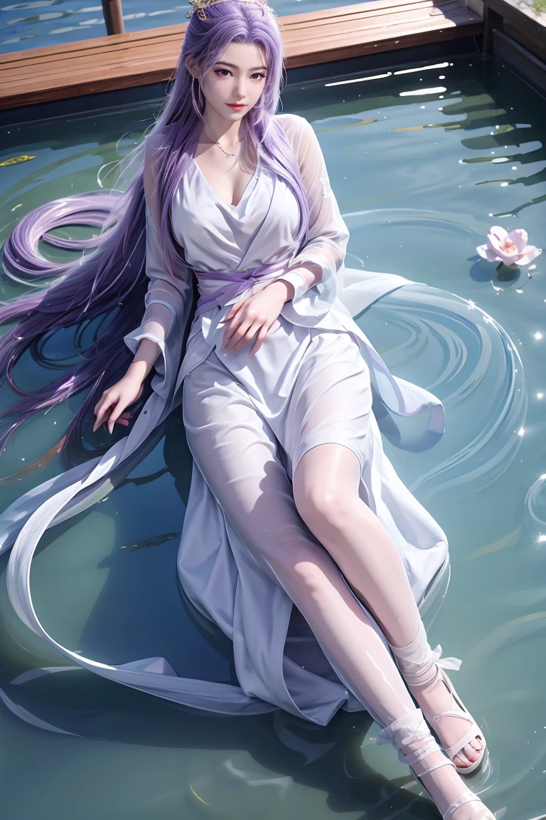 Chinese purple cheongsam，Long legs，In the bedroom，full-body shot，Wear purple high heels，Lying in the water，Wet hair，Clothes are wet，Transparent bikini，Large cups，Show your belly button