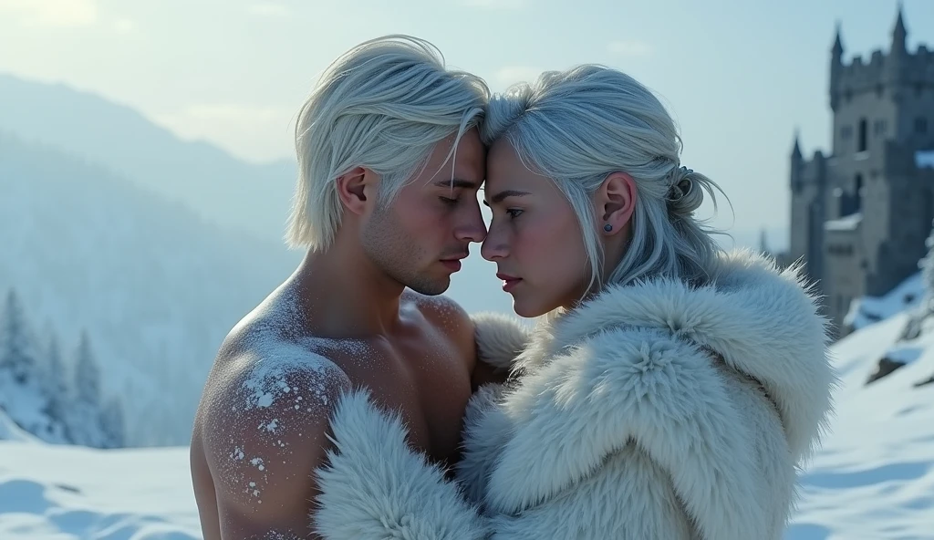 A targaryen teenager boy with 14 years with silver short hair and purple eyes, Winterfell scenary, shirtless in the snow. couple