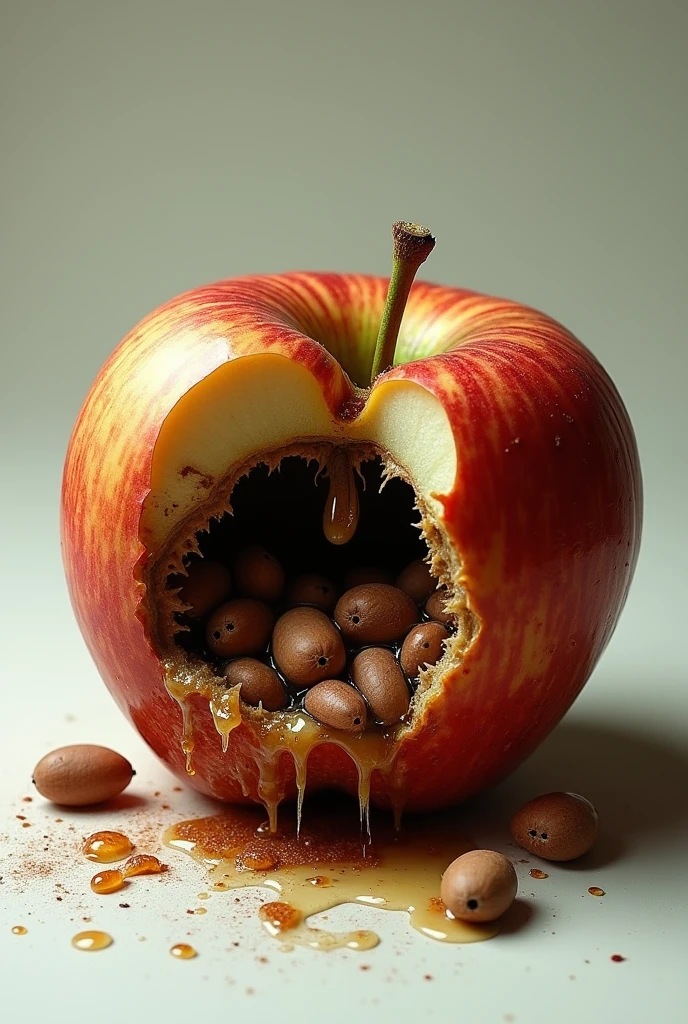 A rotten apple that has been bitten with seeds inside
