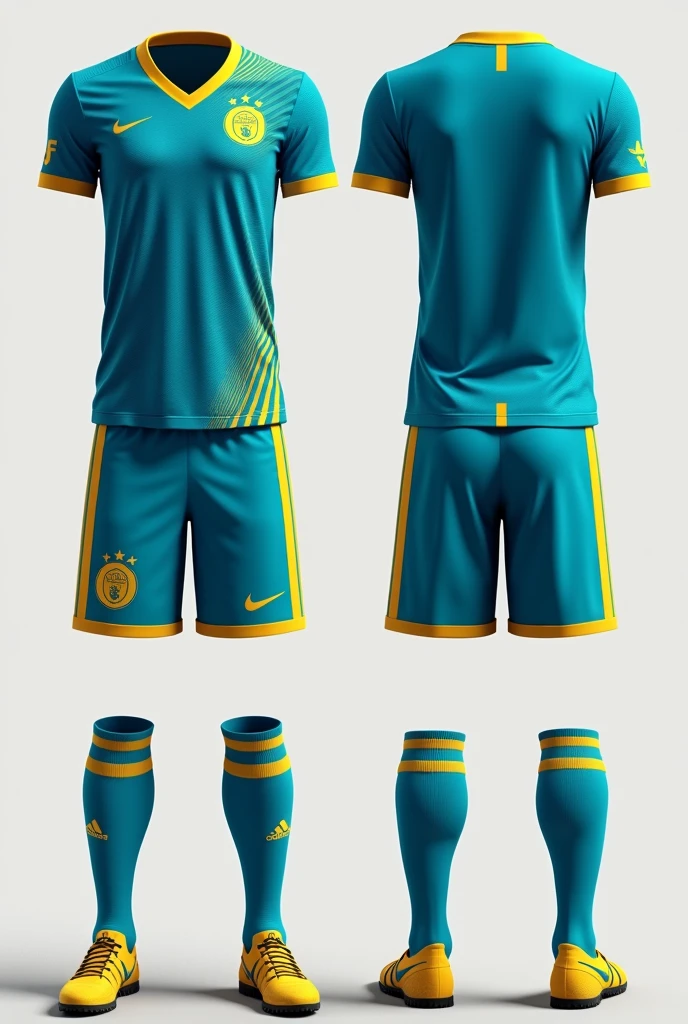 Women's soccer team uniform T-shirt: Turquoise blue base color with gold details, like the team logo the fiscal control stars and the lines on the sides. V-neck in gold.
Shorts: Turquoise blue with a gold stripe on the sides.
socks: Gold with a turquoise blue band at the top.
Accessories: Socks with small golden details.