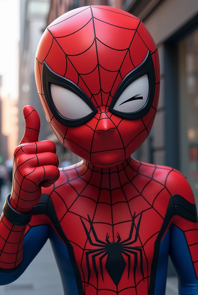 Spider-man stylized character, comics, Very detailed, 8k,Teeth are visible、smile、Looks like they're having fun、Thumbs up pose、One eye closed