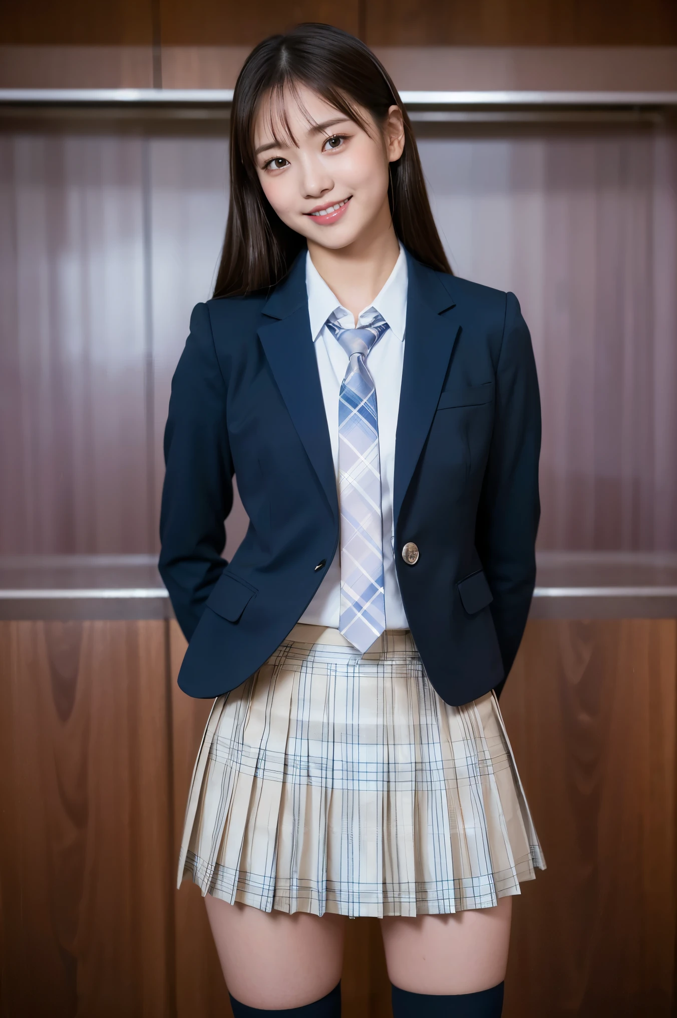 (8K), (highest quality: 1.2), (Realistic), (Realistic: 1.37), Ultra-high resolution, 3 girl, cute, (Embarrassed smile:1.2), (Blushing:1.4),Mouth closed, Beautiful details, Beautiful Nose, (white gold color straight Hair), giant dulcefo, pork, Thighs,Navel exposed,University Student Uniform,A simple blazer,Pleated skirt,(The skirt and tie are tartan check pattern.:1.3), (standing on a kingdom:1.2),(Shiny Thighs:1.4), (medium shot :1.2),(from behind:1.3), (dark blue high socks:1.2),(スカートの中に黒いホットパンツを履いている:1.5), (super low angle:1.5)