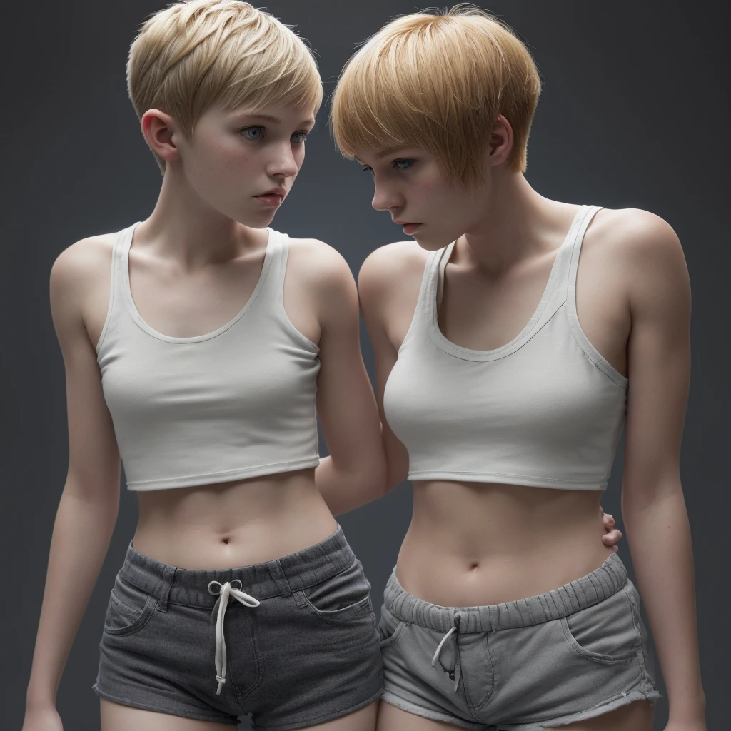 one 18-year-old girl and one 28-year-old girl, in a white tank top and small shorts (Standing dark gray background) one of two girls looking down and one looking into camera, Highly detailed, , innocent face, blonde Buzz cut Hair, ginger Pixie Bob Haircut bangs, dark-blue eyes, high resolution, The best quality, Highly detailed, sharp focus, detailed skin, texture, detailed eyes, professional, 4k, extremely detailed, Photo_\(ultra\), Realstic, Maximum details, Atmospheric lighting.