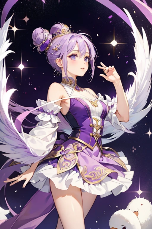 Sarely is a white swan. She has purple hair that is styled in a bun.
She wears a purple top and skirt with an ornate design.
She comes with purple and gold headpiece, with purple wings and pink ballet shoes. SPARKLE; GLITTER