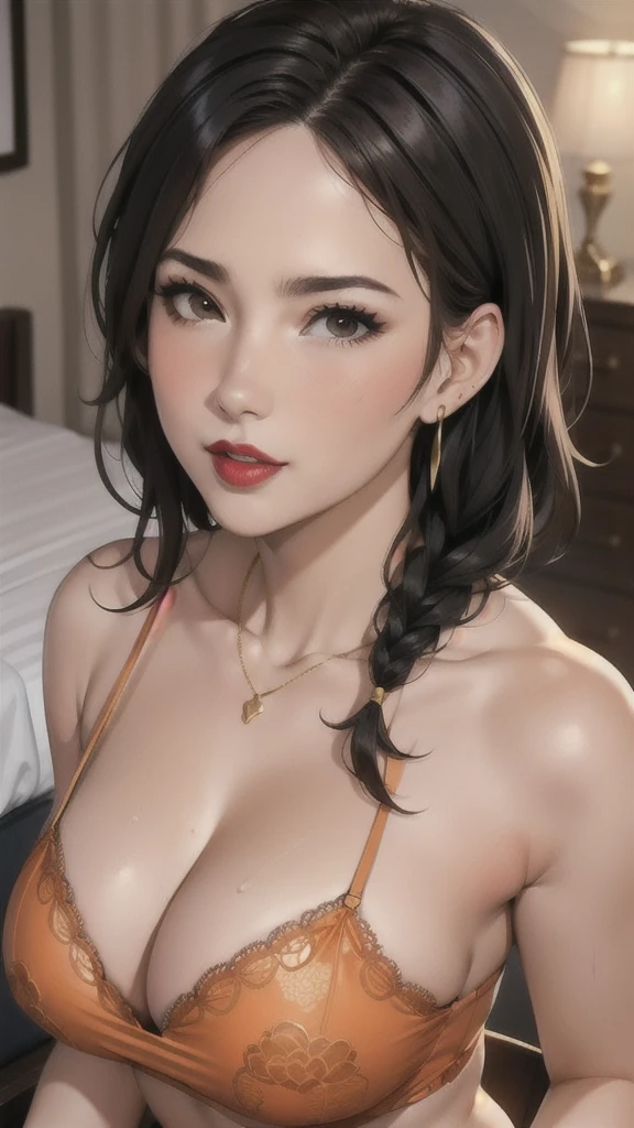 Glamorous,sexly,Married Woman,side braid,Black Hair,Face red,Shy,lipstick,Wearing earrings on one side,Big breasts,cleavage,Bedroom,Darkness all around,Orange lace,Sweat,Orange lace,White mucus all over body,Nipple showing,necklace,gold bracelet,make up
