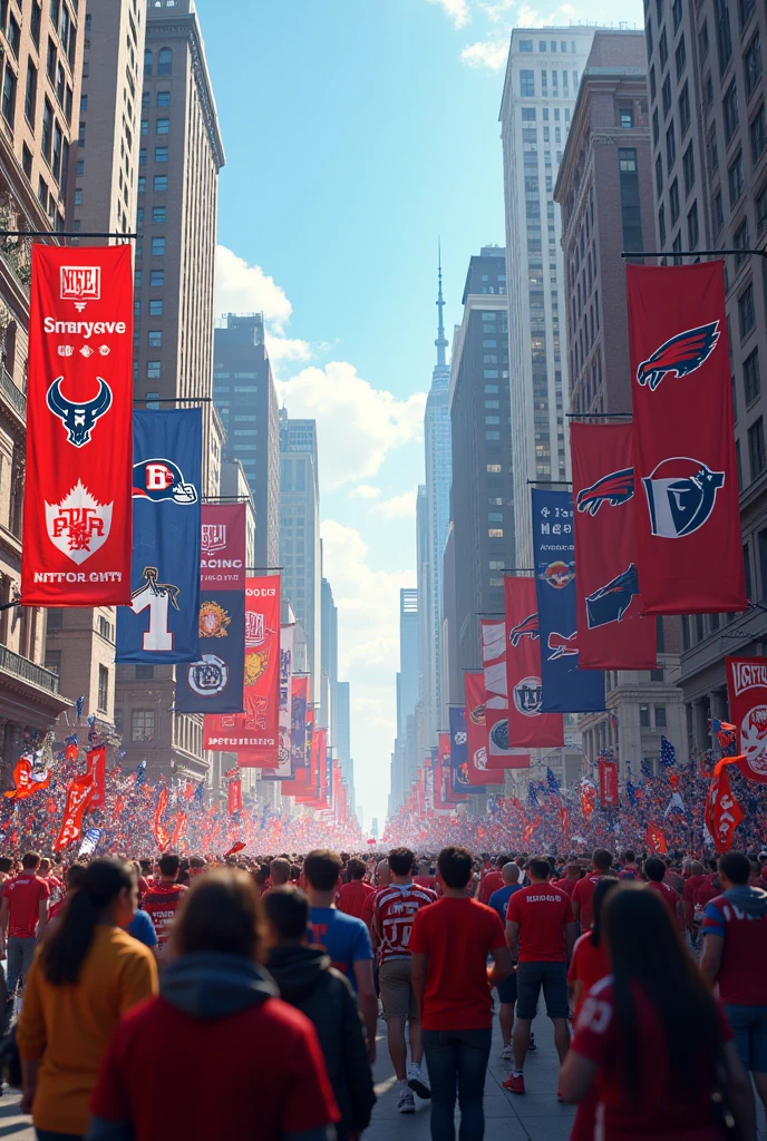 NFL banner with fans in the streets and flags with team crests on buildings.